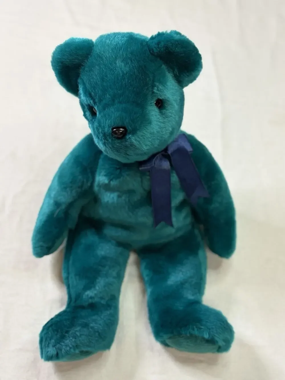 VTG Ty Beanie Buddies Teal Teddy Bear Blue Ribbon Plush 14” Stuffed Animal 1990